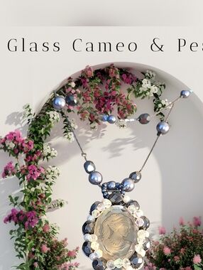 Vintage-Style Glass Cameo & Pearls Pendant Necklace, Grey/Pewter NWT